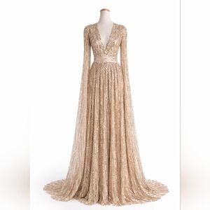 Elie Saab Sequin Cape Gown, Gold (Size 36 Small) Couture - New